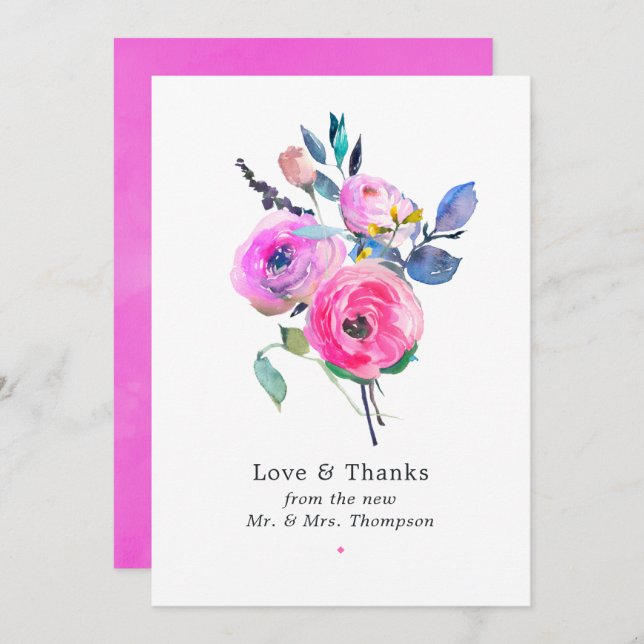 Hot-Pink Watercolor Floral Wedding Thank You Card (Front/Back)