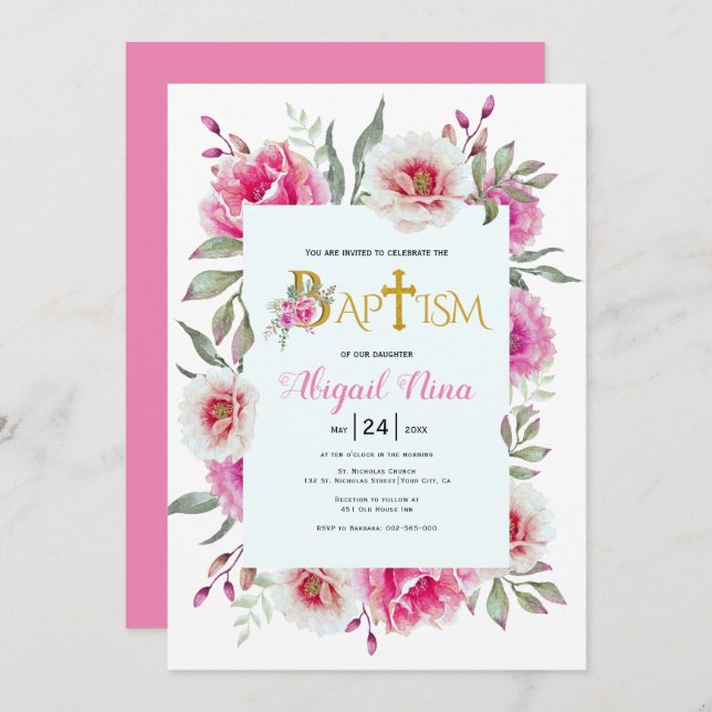 Hot pink watercolor flowers girl floral baptism invitation (Front/Back)