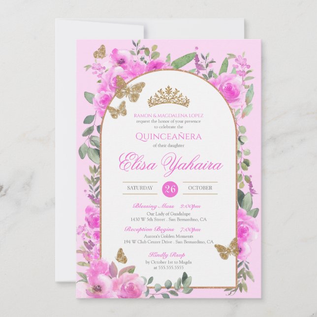 Hot Pink Watercolor Golden Butterfly Quinceañera Invitation (Front)