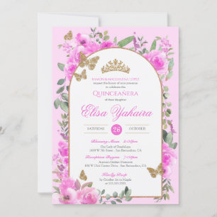 Hot Pink Watercolor Golden Butterfly Quinceañera Invitation
