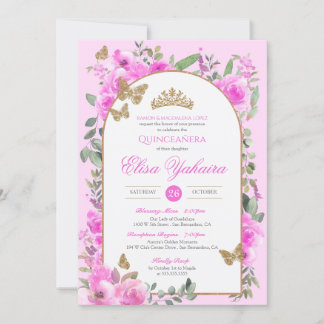 Hot Pink Watercolor Golden Butterfly Quinceañera Invitation