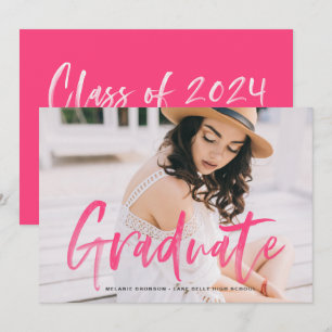 Hot Pink Watercolor Lettering Photo Graduation Invitation