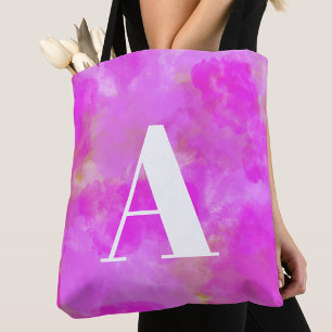 Hot Pink Watercolor Monogram Typography Tote Bag