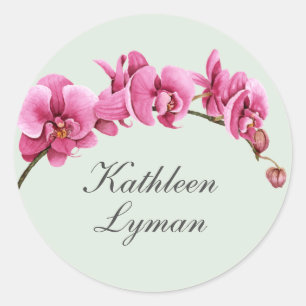 Hot Pink Watercolor Orchids Tropical with Name Classic Round Sticker