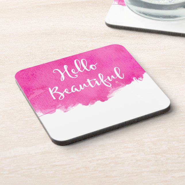 Hot Pink Watercolor Paint Splatter Hello Beautiful Coaster (Left Side)