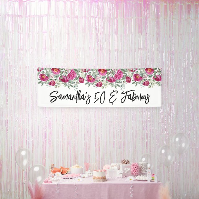 Hot Pink Watercolor Peonies 50 & Fabulous Long Banner (Party)