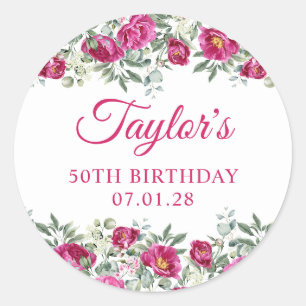 Hot Pink Watercolor Peonies 50th Birthday Classic Round Sticker