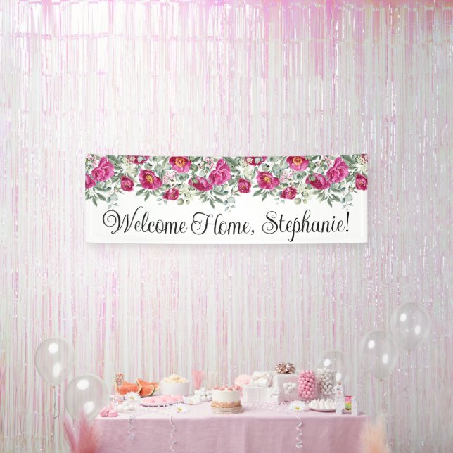Hot Pink Watercolor Peonies Welcome Home Long Banner (Party)