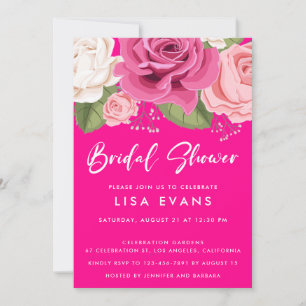 Hot Pink Watercolor Roses Bridal Shower Invitation