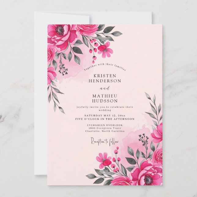 Hot Pink Watercolor Spring Wedding Invitation (Front)