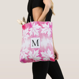 Hot pink watercolor wash maple leaves and monogram tote bag