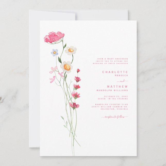 Hot Pink Watercolor Wildflower Wedding II Invitation (Front)