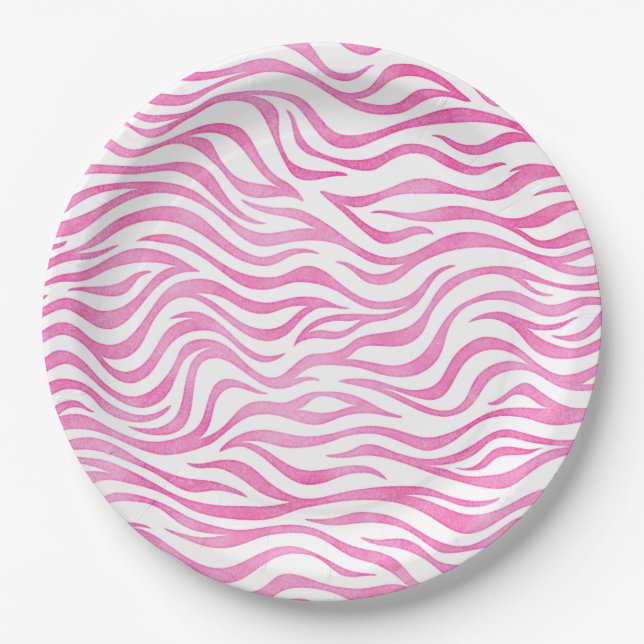 Hot Pink Watercolor Zebra Print Paper Plate (Front)