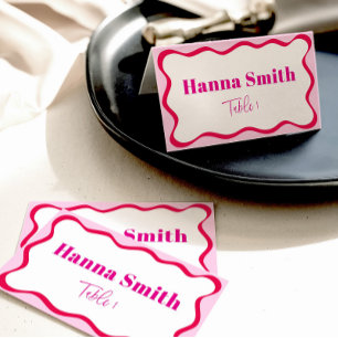 Hot Pink Wavy Border Bridal Name Seating Place Card