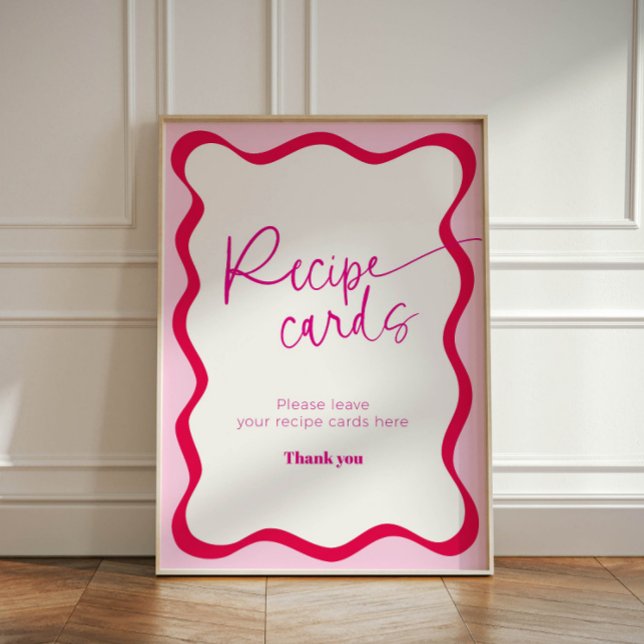 Hot Pink Wavy Border Colourful Modern Recipe Cards Pedestal Sign (Recipe cards sign with hot pink wavy border design)