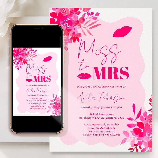 Hot pink wavy frame red pink floral bridal shower invitation (Creator Uploaded)