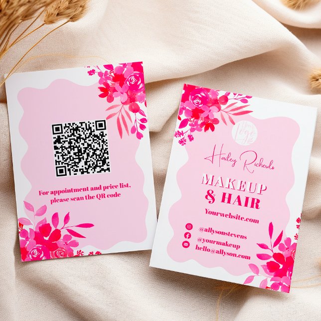 Hot pink wavy frame red pink floral makeup business card (Hot pink wavy frame red pink floral makeup business card)