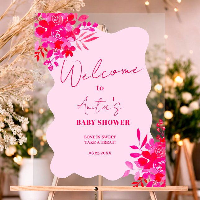Hot pink wavy red pink floral baby shower welcome acrylic sign (Hot pink wavy red pink floral baby shower welcome acrylic sign)