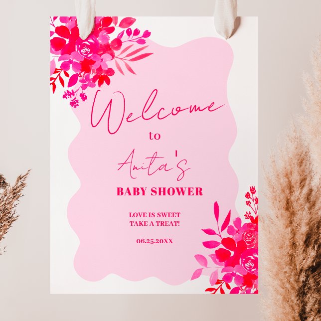 Hot pink wavy red pink floral baby shower welcome poster (Hot pink wavy red pink floral baby shower welcome poster)