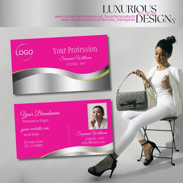 Hot Pink Wavy Silver Decor with Logo and Photo Business Card (Creator Uploaded)