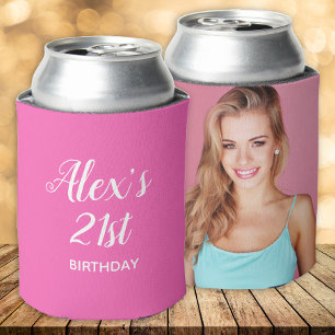 Hot Pink White 21st Birthday Name Photo Can Cooler