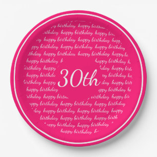 Hot Pink White 30th Happy Birthday Typography Paper Plate