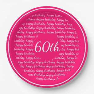 Hot Pink White 60th Happy Birthday Typography Paper Plate