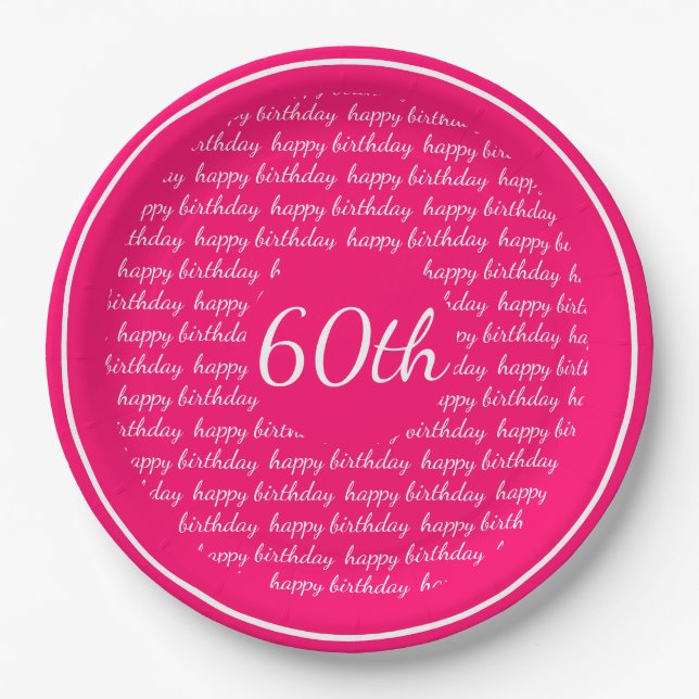 Hot Pink White 60th Happy Birthday Typography Paper Plate (Front)