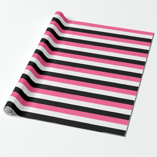 Hot Pink, White and Black Stripes Wrapping Paper (Unrolled)