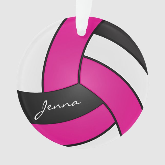 Hot Pink, White and Black Volleyball Ornament (Front)