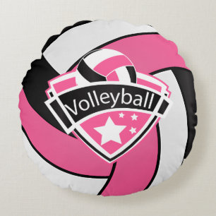 Hot Pink , White and Black Volleyball Round Cushion