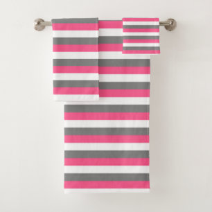 Hot Pink, White and Charcoal Grey Stripes Bath Towel Set