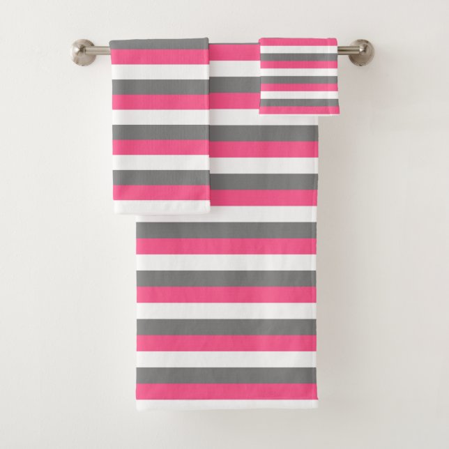 Hot Pink, White and Charcoal Grey Stripes Bath Towel Set (Insitu)