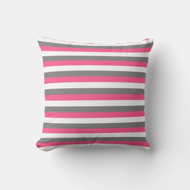 Hot Pink, White and Charcoal Grey Stripes Cushion (Front)