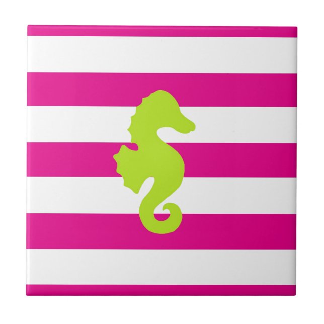 Hot Pink White and Green Seahorse Ceramic Tile (Front)