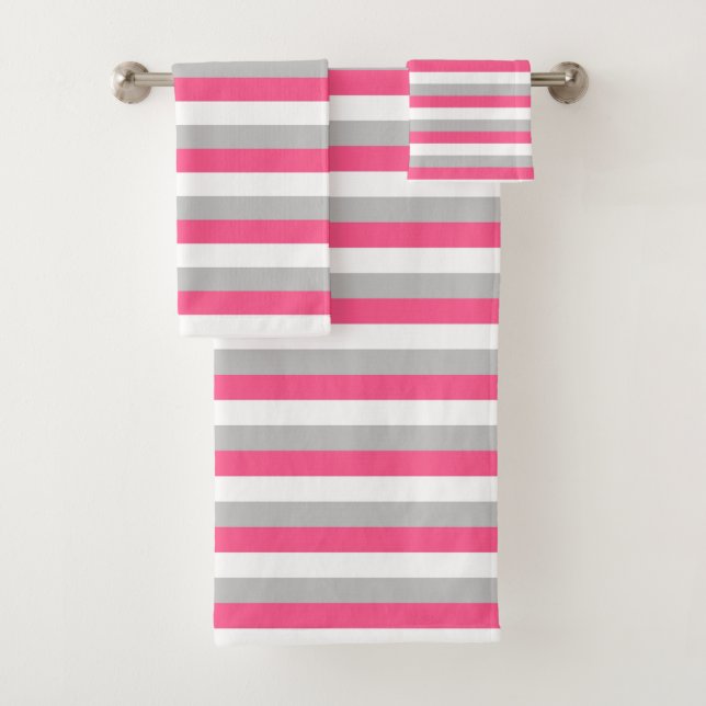 Hot Pink, White and Grey Stripes Bath Towel Set (Insitu)