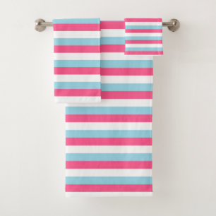 Hot Pink, White and Pastel Blue Stripes Bath Towel Set