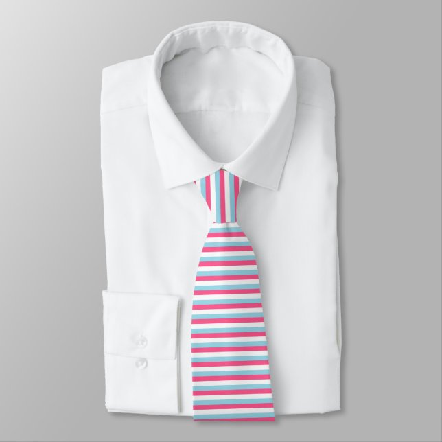 Hot Pink, White and Pastel Blue Stripes Tie (Tied)