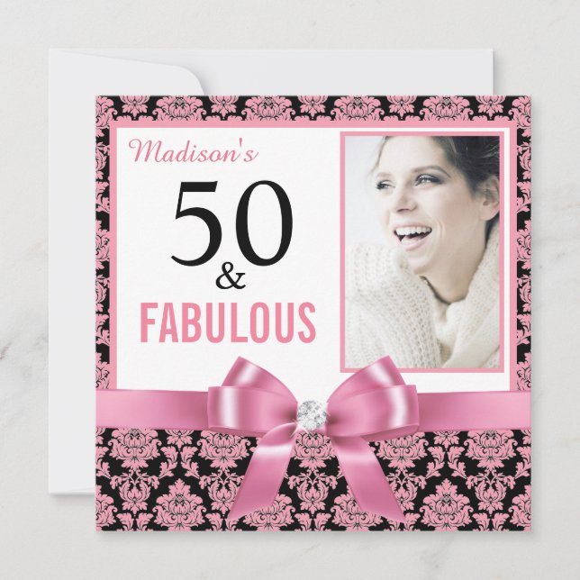 Hot pink white black damask 50th Birthday Invitation (Front)