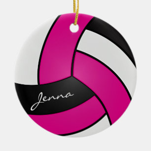 Hot Pink, White & Black Personalise Volleyball Ceramic Ornament