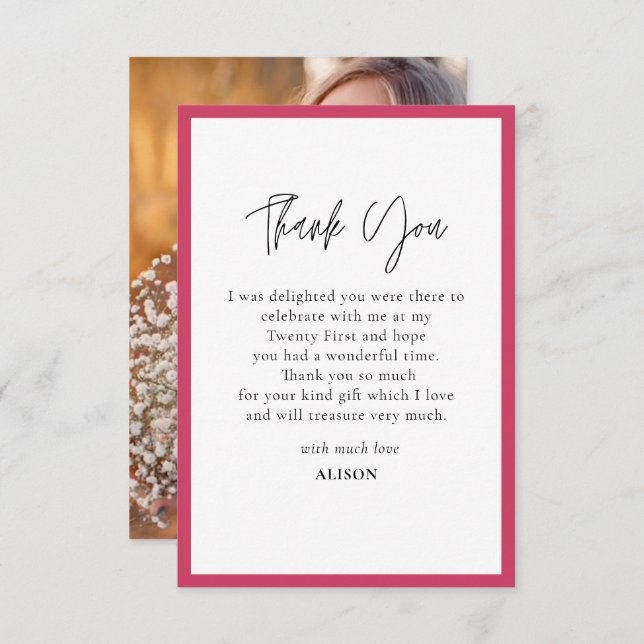 Hot Pink & white border  Thank You Card (Front/Back)