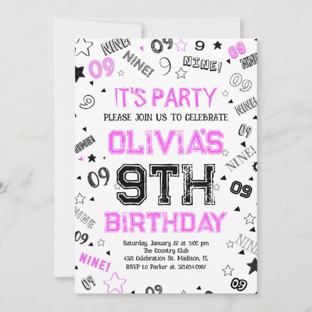 Hot Pink White Boy Number Nine Birthday Party Invitation (Front)