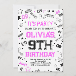 Hot Pink White Boy Number Nine Birthday Party Invitation