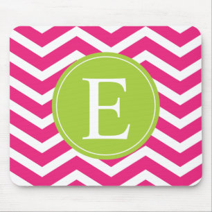 Hot Pink White Chevron Green Monogram Mouse Pad