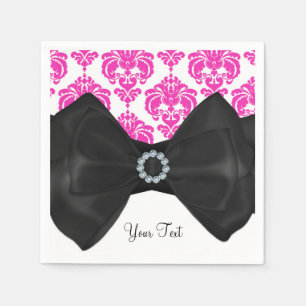 Hot Pink & White Damask Bling Bow Sweet 16 Party Napkin