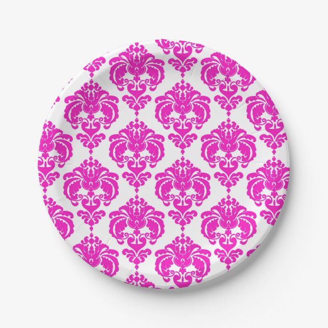 Hot Pink & White Damask Chic Elegant Party Paper Plate (Front)