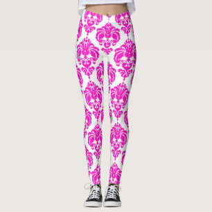 Hot Pink White Damask Chic Modern Elegant Pattern Leggings