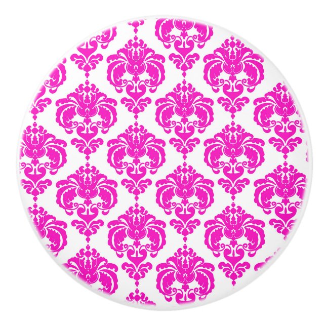 Hot Pink White Damask Elegant Chic Bedroom Dresser Ceramic Knob (Front)