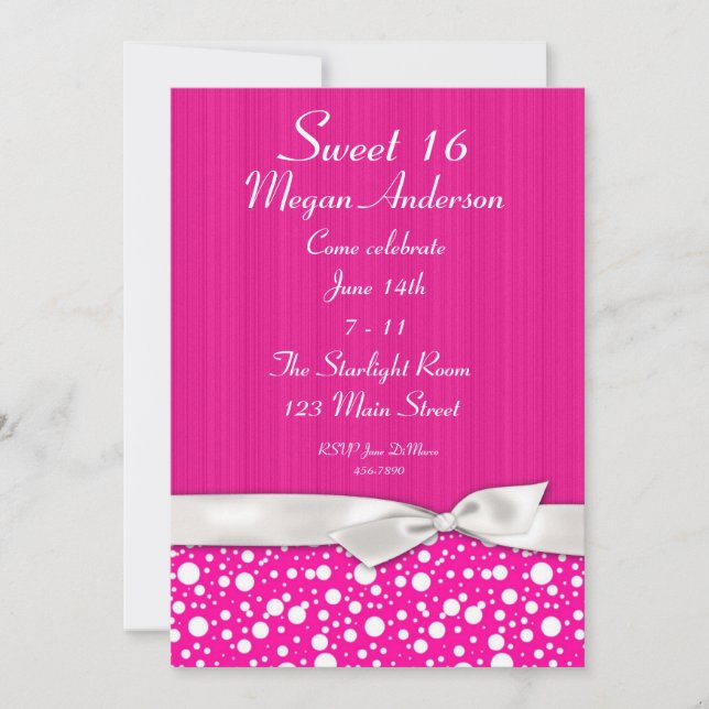 Hot Pink White Dots Bow Invitation (Front)