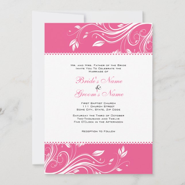 Hot Pink & White Floral Swirls Wedding Invitation (Front)